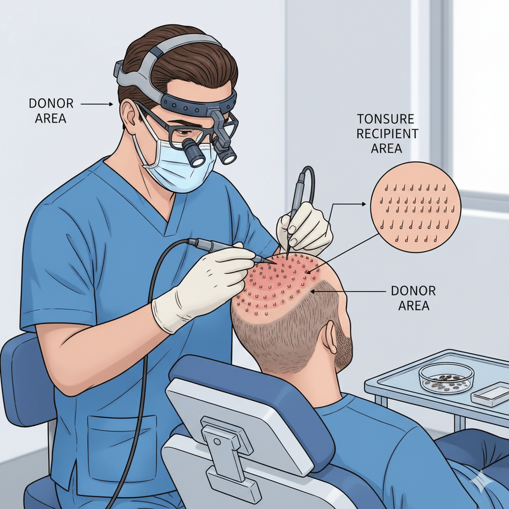 Hair transplant at the tonsure level