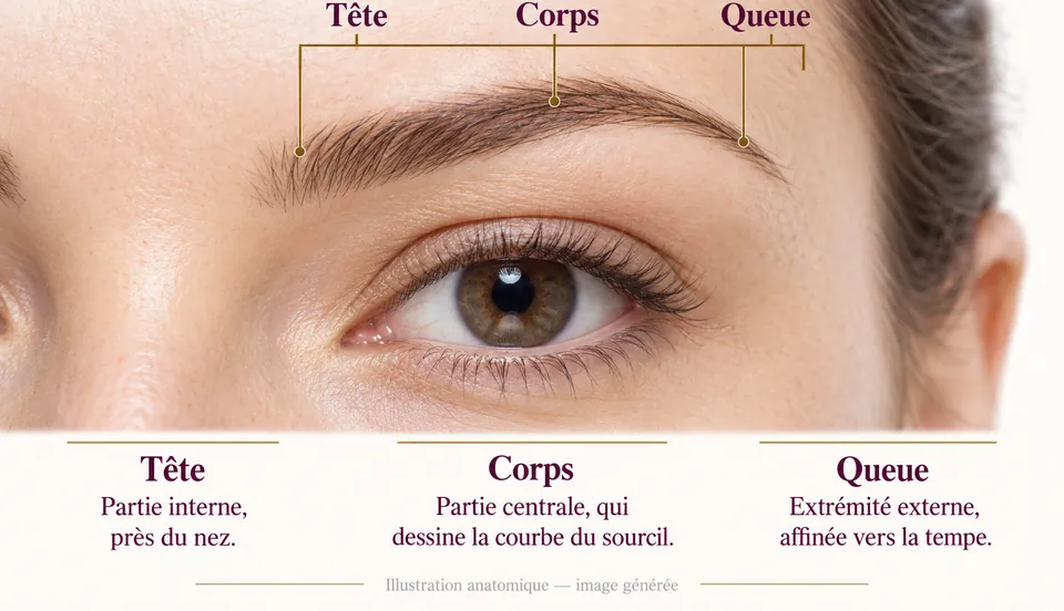 Anatomie du sourcil : la tête, partie interne près du nez ; le corps, partie centrale qui dessine la courbe ; la queue, extrémité externe affinée vers la tempe
