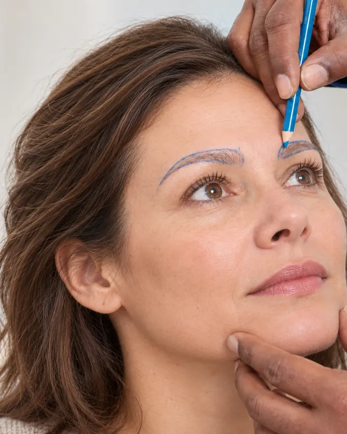 Illustration : le médecin dessine au crayon la forme des sourcils d'une patiente avant une greffe de sourcils