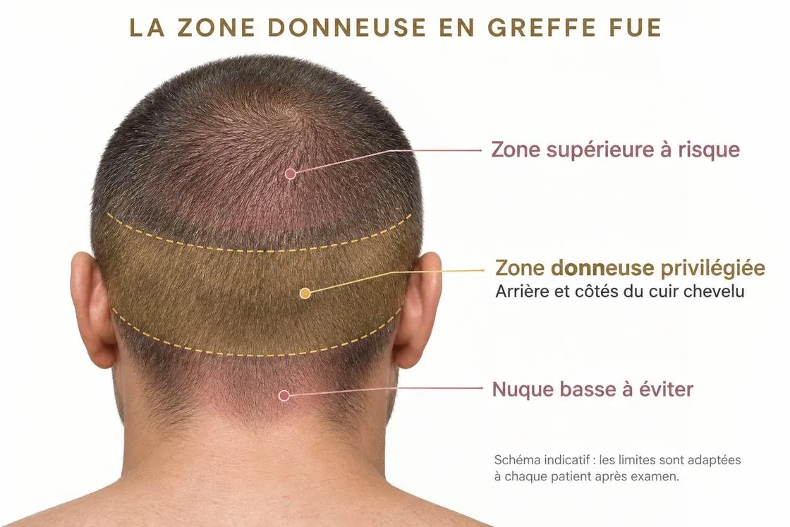 Vue de dos d'un crâne : la bande donneuse privilégiée, à l'arrière et sur les côtés du cuir chevelu, est encadrée de pointillés ; au-dessus la zone supérieure à risque, en dessous la nuque basse à éviter