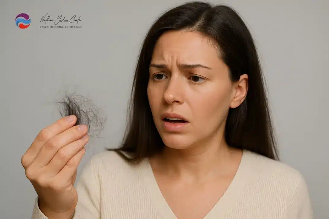 Femme observant sa chevelure — illustration de la perte de cheveux